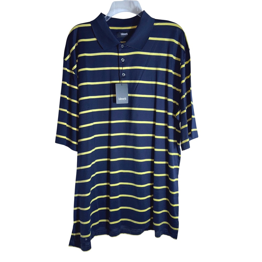 Ashworth Clubhouse Mens XL Navy Yellow Stripe Golf Polo Shirt NWT
